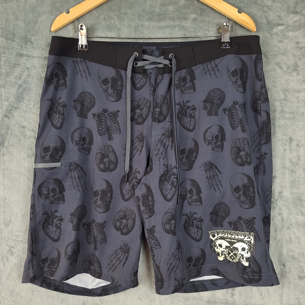 Dixxon Board Shorts Mens 34 Gray Love Kills Beach Skulls Grunge Swim Trunks